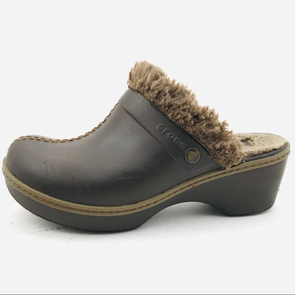 Crocs Faux Fur Lined Mule Clogs Womens Size 8 Brown - Picture 1 of 9